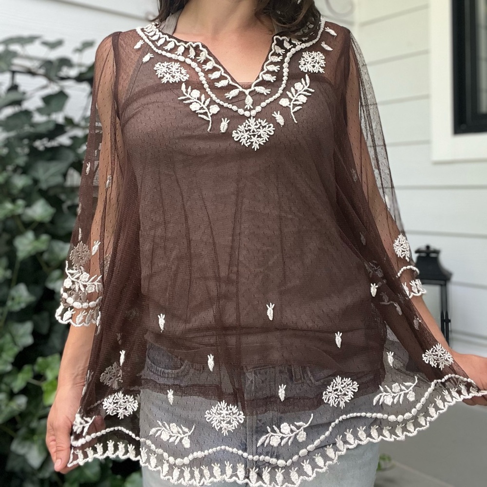 Sundance Brown Sheer Blouse with White Embroidery